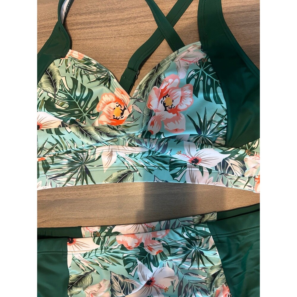 Women’s Hanna Nikole Green Tropical High Waisted Tummy Control Set Size M - Picture 2 of 7